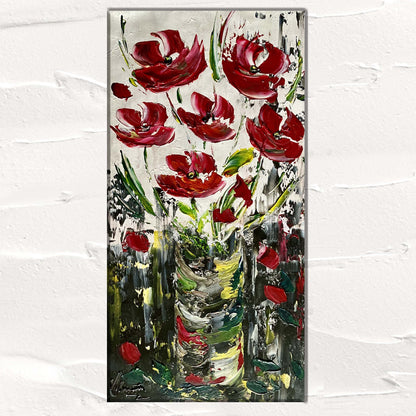 Tableau fleurs rouge noir blanc moderne contemporain 30x60 cm peint à la main virginie Linard ©