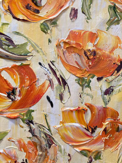 Tableau floral , bouquet de 8 fleurs jaune orange dégradées avec feuillage dans un vase sur fond jaune et blanc. Peinture sur toile format 30x60cm. Création Virginie Linard ©.