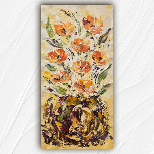 Tableau floral , bouquet de 8 fleurs jaune orange dégradées avec feuillage dans un vase sur fond jaune et blanc. Peinture sur toile format 30x60cm. Création Virginie Linard ©.