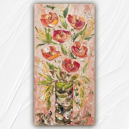 Tableau floral , bouquet de 6 fleurs rose orange dégradé avec feuillage dans un vase sur fond rose. Peinture sur toile format 30x60cm. Création Virginie Linard ©.