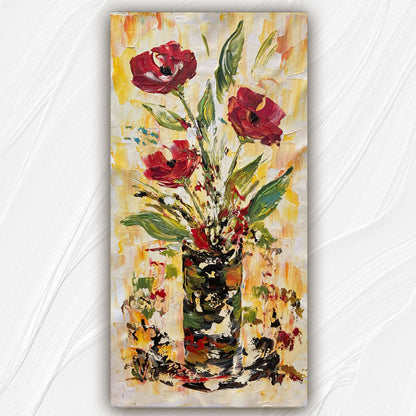 Tableau floral , bouquet de 3 fleurs rouges dégradées avec feuillage dans un vase sur fond jaune. Peinture sur toile format 30x60cm. Création Virginie Linard ©.
