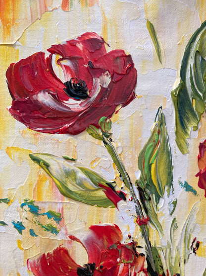 Tableau floral , bouquet de 3 fleurs rouges dégradées avec feuillage dans un vase sur fond jaune. Peinture sur toile format 30x60cm. Création Virginie Linard ©.