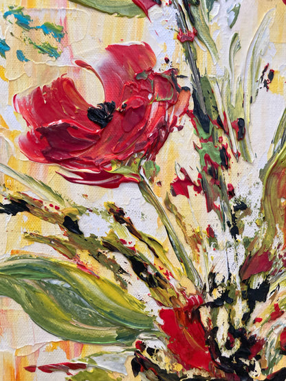 Tableau floral , bouquet de 3 fleurs rouges dégradées avec feuillage dans un vase sur fond jaune. Peinture sur toile format 30x60cm. Création Virginie Linard ©.