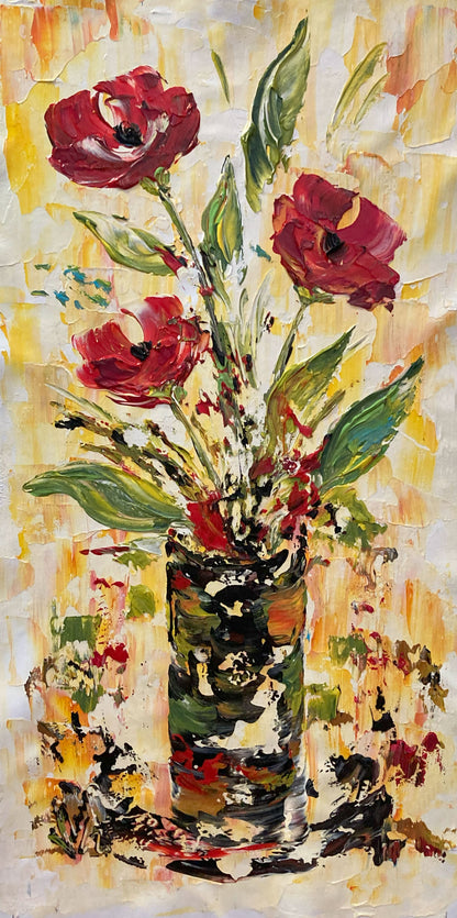 Tableau floral , bouquet de 3 fleurs rouges dégradées avec feuillage dans un vase sur fond jaune. Peinture sur toile format 30x60cm. Création Virginie Linard ©.