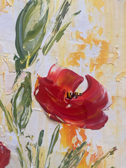 Tableau Trois fleurs rouge avec feuillage dans un vase fond jaune et blanc. Peinture sur toile format 30x60cm. Original et unique. Création Virginie Linard ©.