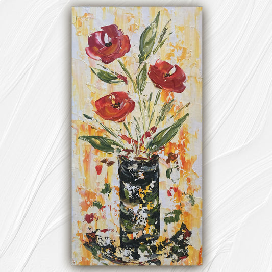 Tableau Trois fleurs rouge avec feuillage dans un vase fond jaune et blanc. Peinture sur toile format 30x60cm. Original et unique. Création Virginie Linard ©.