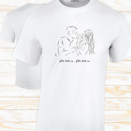 Graphisme futurs parents naissance sur t-shirt à personnaliser avec un texte. Création Virginie Linard ©.