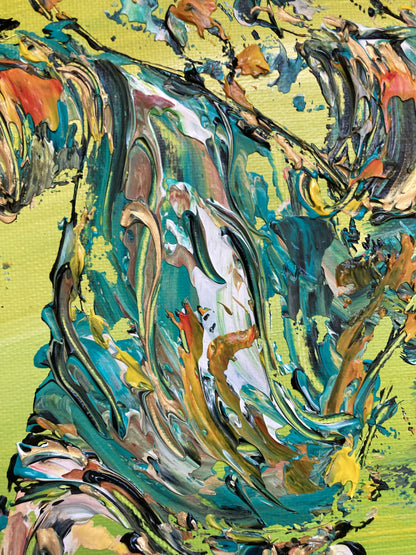 Tableau Golf Golfeur Swing, couleurs jaune bleu vert, format 50x65 cm. Original unique. Création peintre Virginie Linard ©. Détail T-shirt.