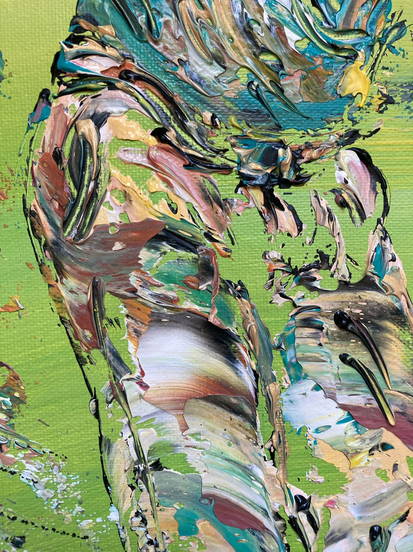 Tableau Golf Golfeur Swing, couleurs jaune bleu vert, format 50x65 cm. Original unique. Création peintre Virginie Linard ©. Détail Pantalon