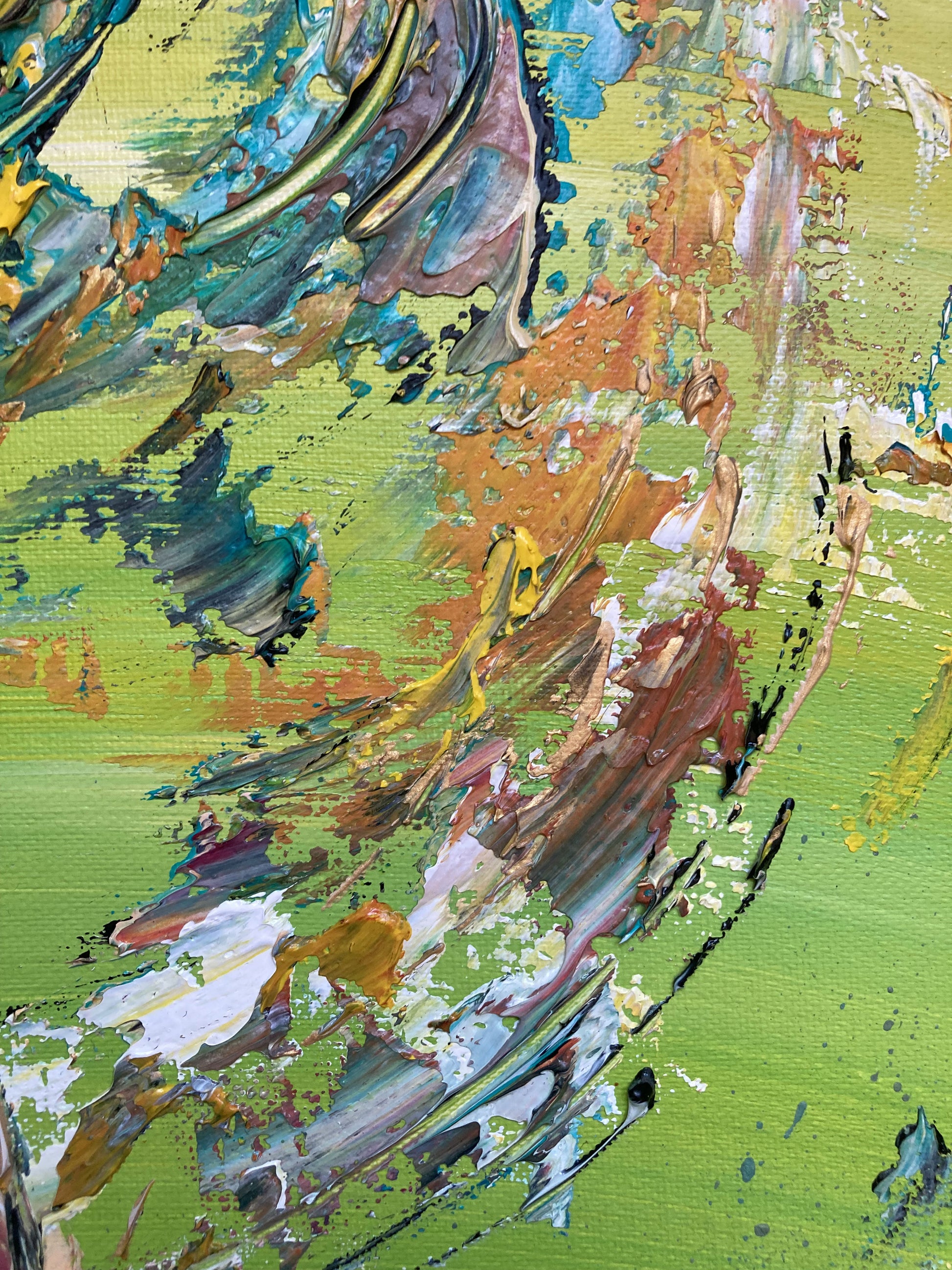 Tableau Golf Golfeur Swing, couleurs jaune bleu vert, format 50x65 cm. Original unique. Création peintre Virginie Linard ©.