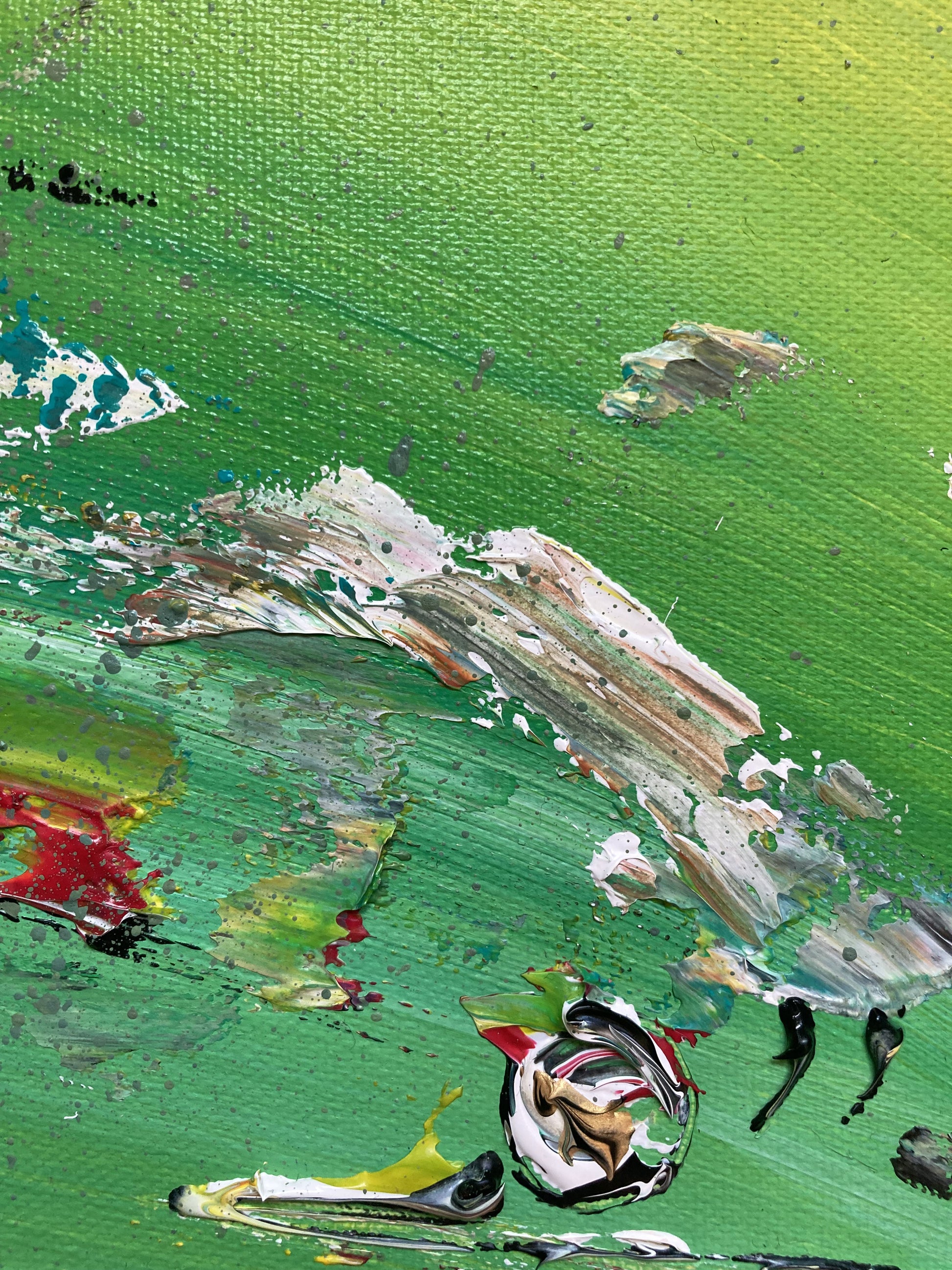 Tableau Golf Golfeur Swing, couleurs jaune bleu vert, format 50x65 cm. Original unique. Création peintre Virginie Linard ©. Détail Balle de golf.