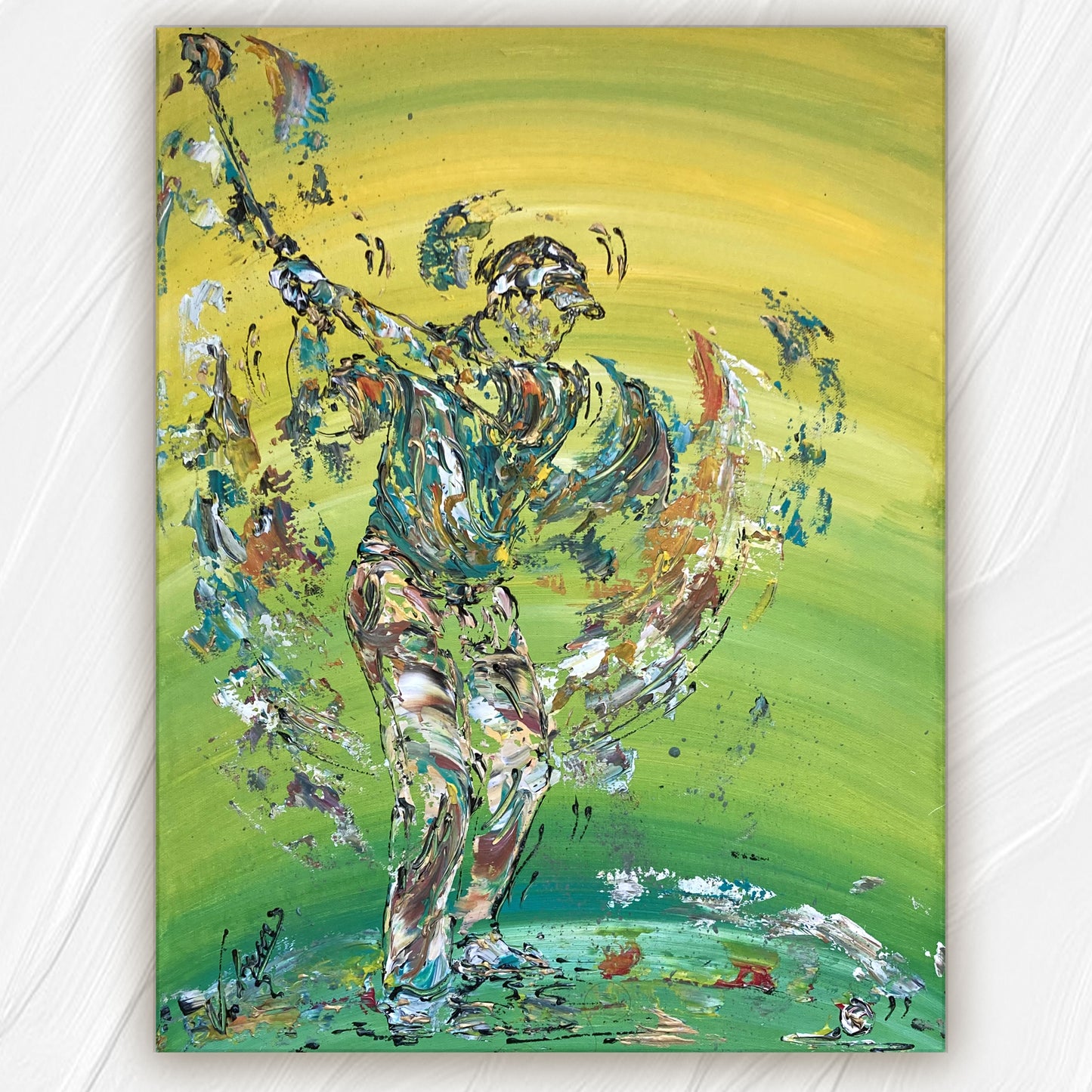 Tableau Golf Golfeur Swing, couleurs vert jaune bleu. Format 50x65 cm. Original unique. Création peintre Virginie Linard ©.