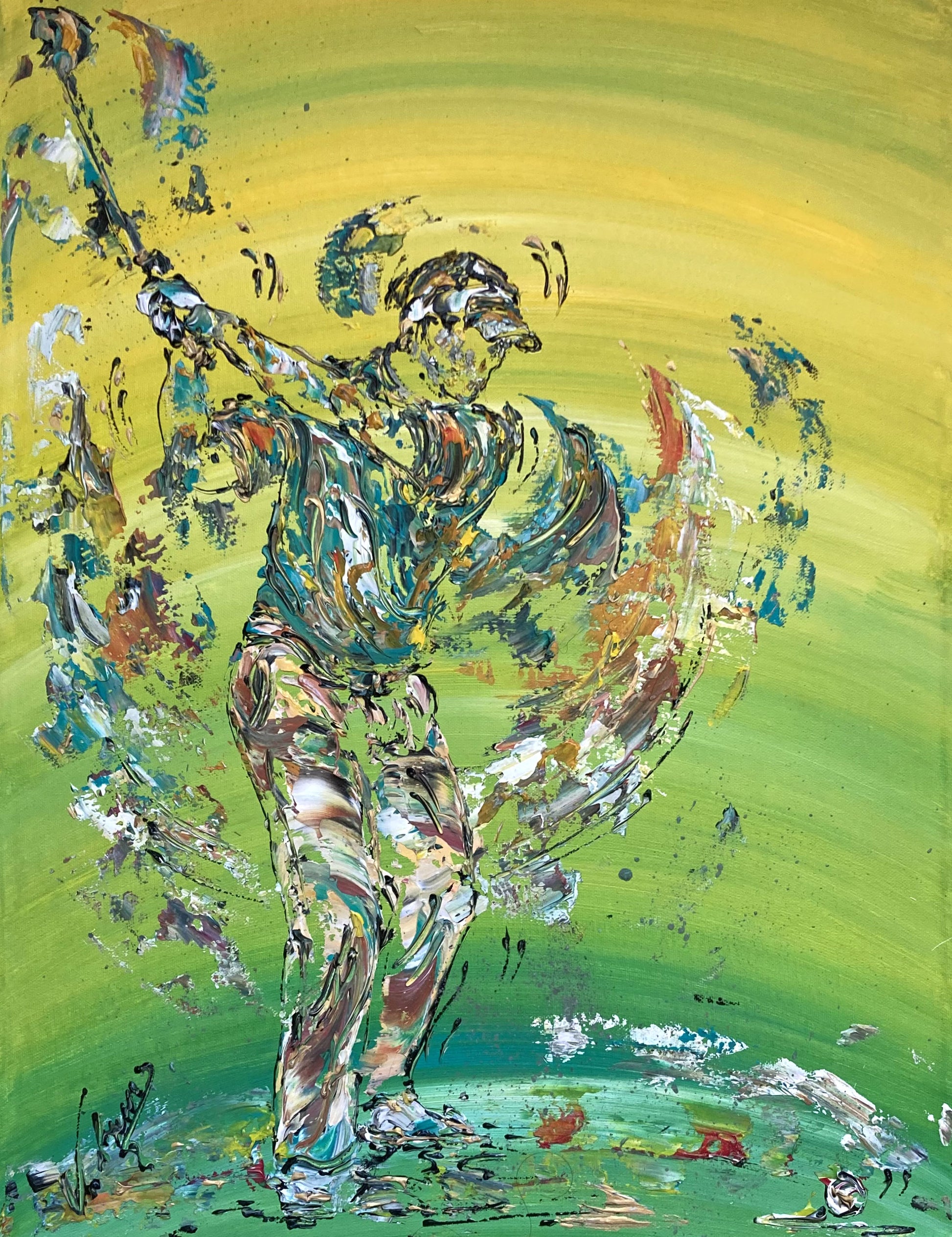Tableau Golf Golfeur Swing, couleurs jaune bleu vert, format 50x65 cm. Original unique. Création peintre Virginie Linard ©. 