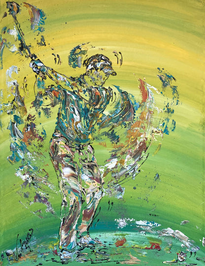 Tableau Golf Golfeur Swing, couleurs jaune bleu vert, format 50x65 cm. Original unique. Création peintre Virginie Linard ©. 