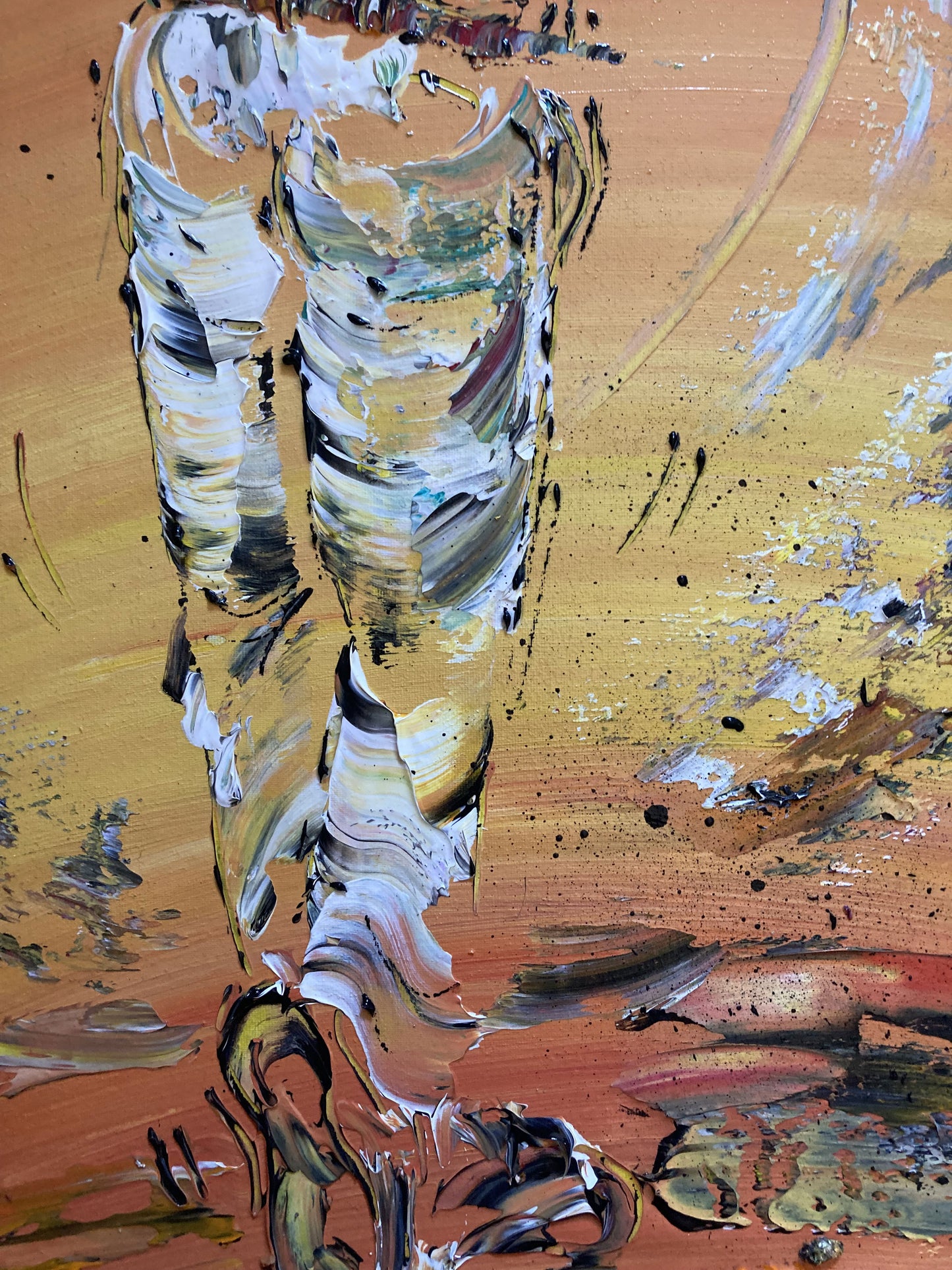 Tableau Golf Golfeur Swing, couleur beige marron orange, format 50x65 cm. Original unique. Détail1. Création peintre Virginie Linard ©.