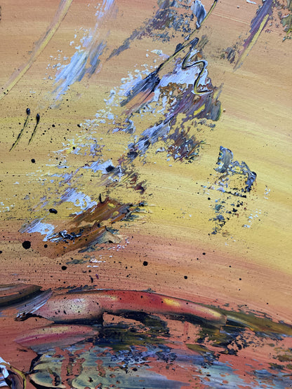 Tableau Golf Golfeur Swing, couleur beige marron orange, format 50x65 cm. Original unique. Détail2. Création peintre Virginie Linard ©.