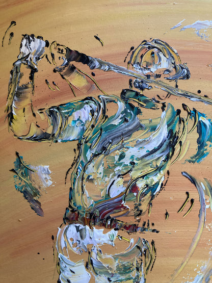 Tableau Golf Golfeur Swing, couleur beige marron orange, format 50x65 cm. Original unique. Détail3. Création peintre Virginie Linard ©.