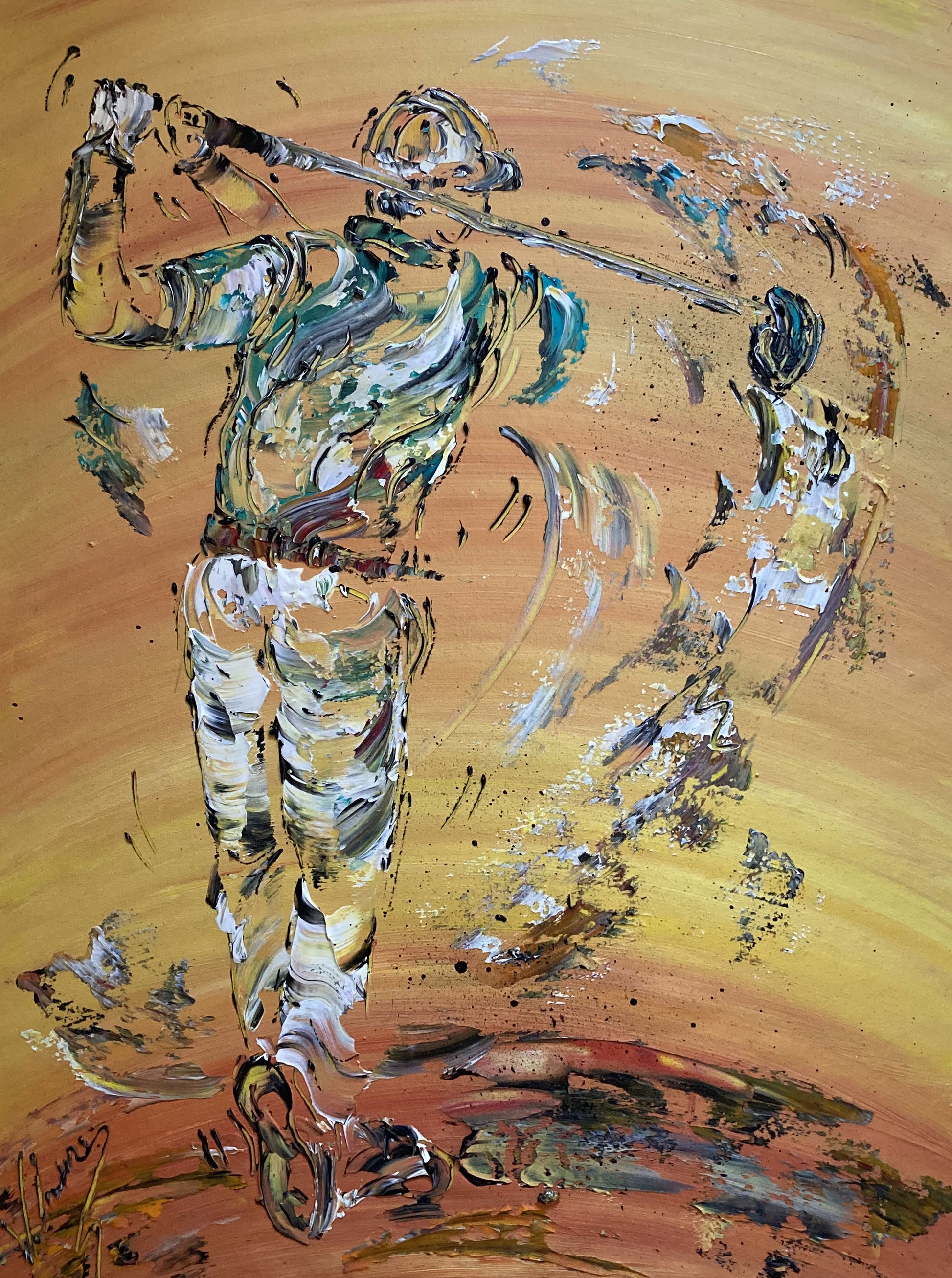 Tableau Golf Golfeur Swing, couleur beige marron orange, format 50x65 cm. Original unique. Création peintre Virginie Linard ©.