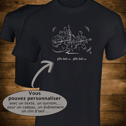 Graphisme Musiciens Jazz Contrebasse et Guitare sur T-shirt noir homme. Création Virginie Linard ©.
