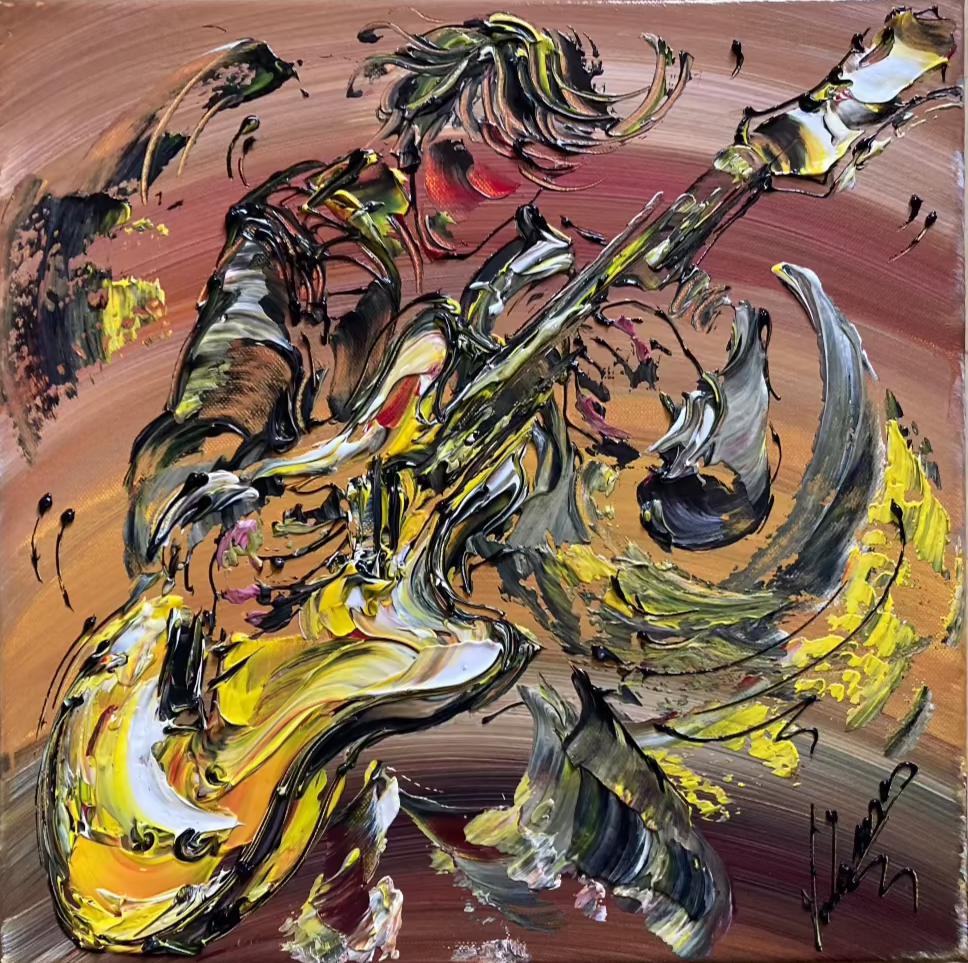 Tableau d'un musicien de basse, guitare électrique Peinture sur toile de musique Création Virginie Linard ©