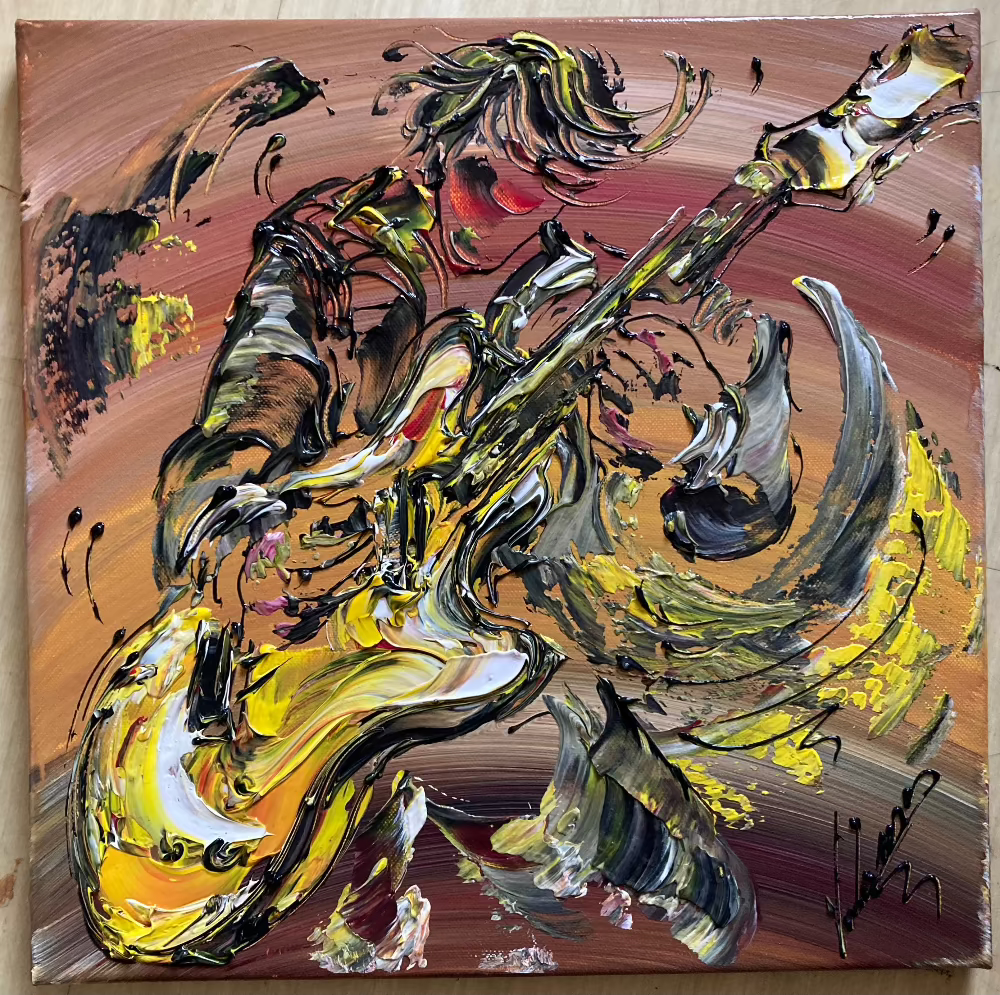 Tableau d'un musicien de basse, guitare électrique Peinture sur toile de musique Création Virginie Linard ©