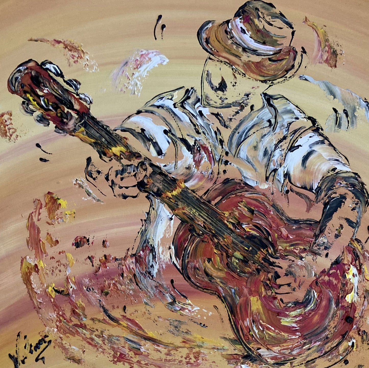 Tableau guitare guitariste 50x50cm peinture sur toile Virginie Linard ©