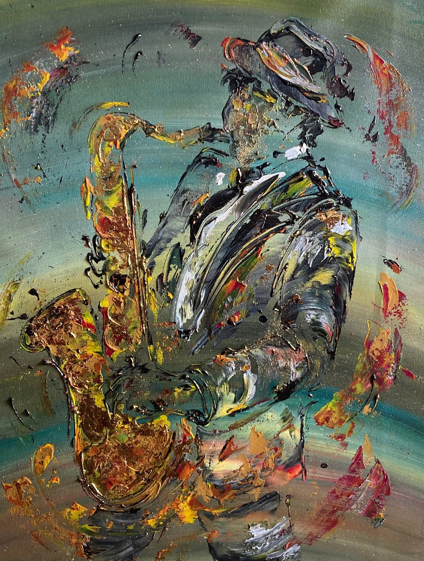 Double bass player - Painting on canvas 55x46cm