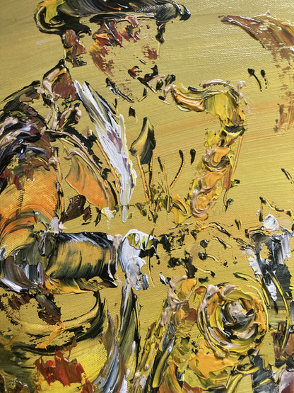 Tableau Musiciens Jazz Contrebasse, Piano et Saxophone, musique. Peinture sur toile format 70x70cm. Détail Saxophone. Création Virginie Linard ©.