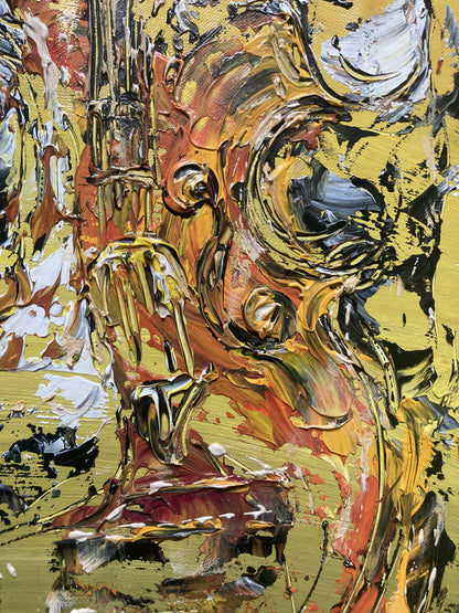 Tableau Musiciens Jazz Contrebasse, Piano et Saxophone, musique. Peinture sur toile format 70x70cm. Détail contrebasse. Création Virginie Linard ©.