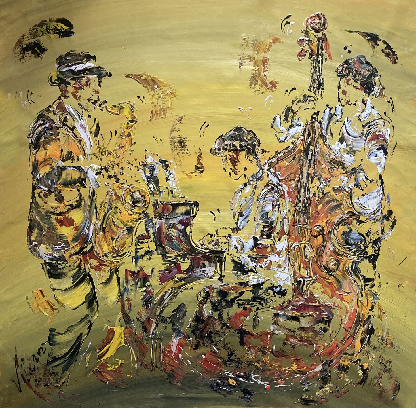 Tableau Musiciens Jazz Contrebasse, Piano et Saxophone, musique. Peinture sur toile format 70x70cm. Création Virginie Linard ©.