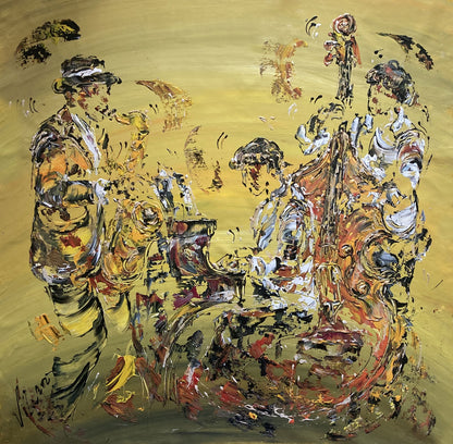 Tableau Musiciens Jazz Contrebasse, Piano et Saxophone, musique. Peinture sur toile format 70x70cm. Création Virginie Linard ©.
