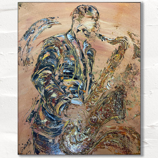 Tableau d'un saxophone sur fond marron du peintre Virginie Linard ©