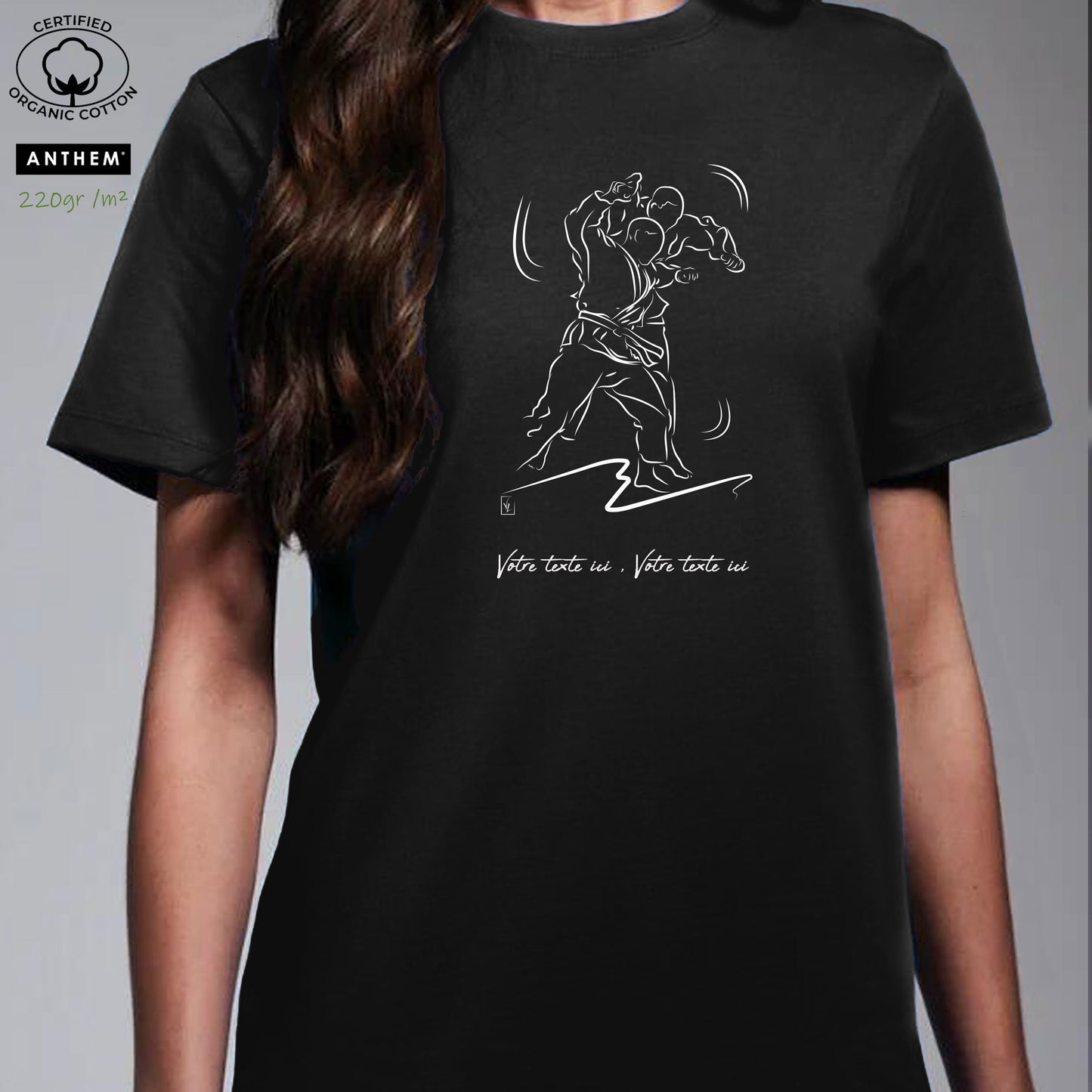Graphisme arts martiaux judo jujitsu sur t-shirt noir 100% coton Bio épais 220gr/m² unisexe à personnaliser avec un texte. Création Virginie Linard ©.