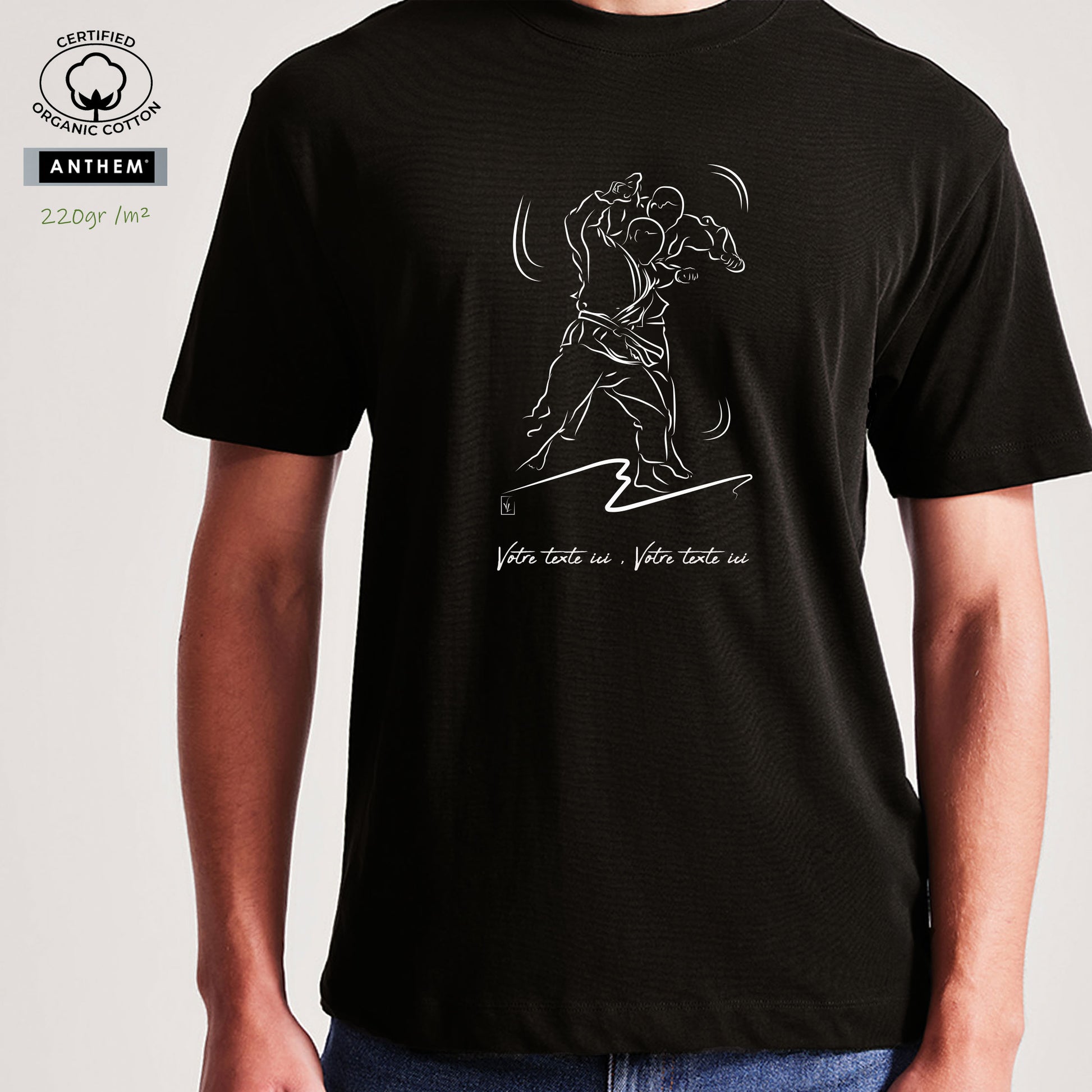 Graphisme arts martiaux judo jujitsu sur t-shirt noir 100% coton Bio épais 220gr/m² unisexe à personnaliser avec un texte. Création Virginie Linard ©.