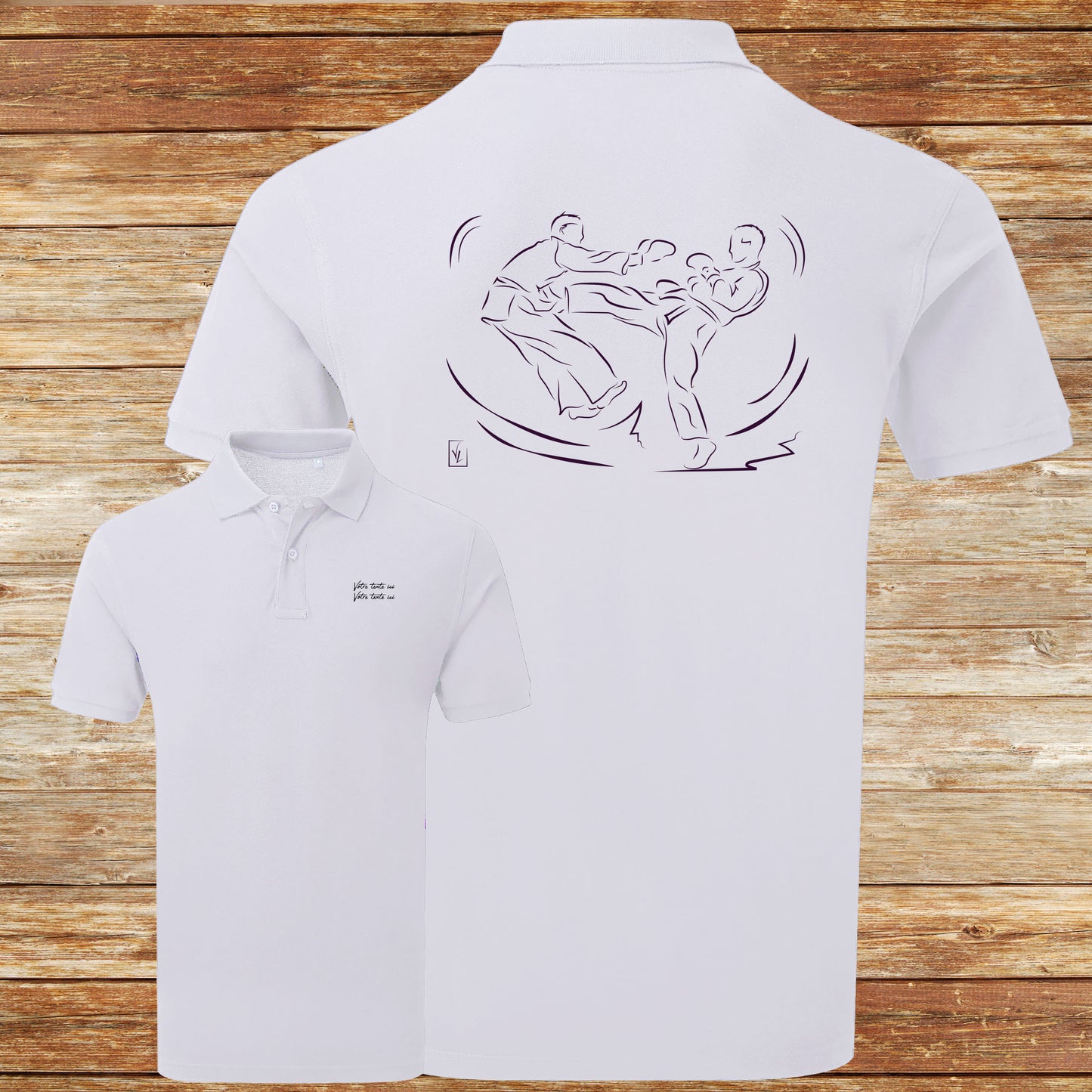 Graphisme Sport de combat jujitsu kick boxing Boxe sur polo à personnaliser avec un texte Création Virginie Linard ©.