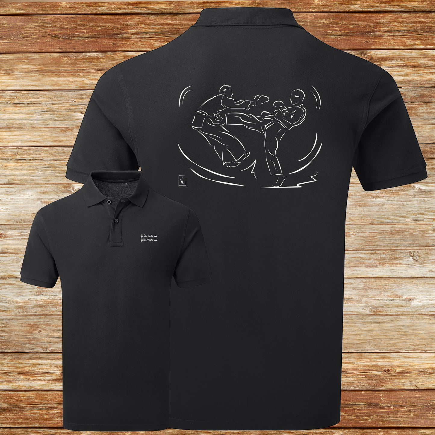 Graphisme Sport de combat jujitsu kick boxing Boxe sur polo à personnaliser avec un texte Création Virginie Linard ©.