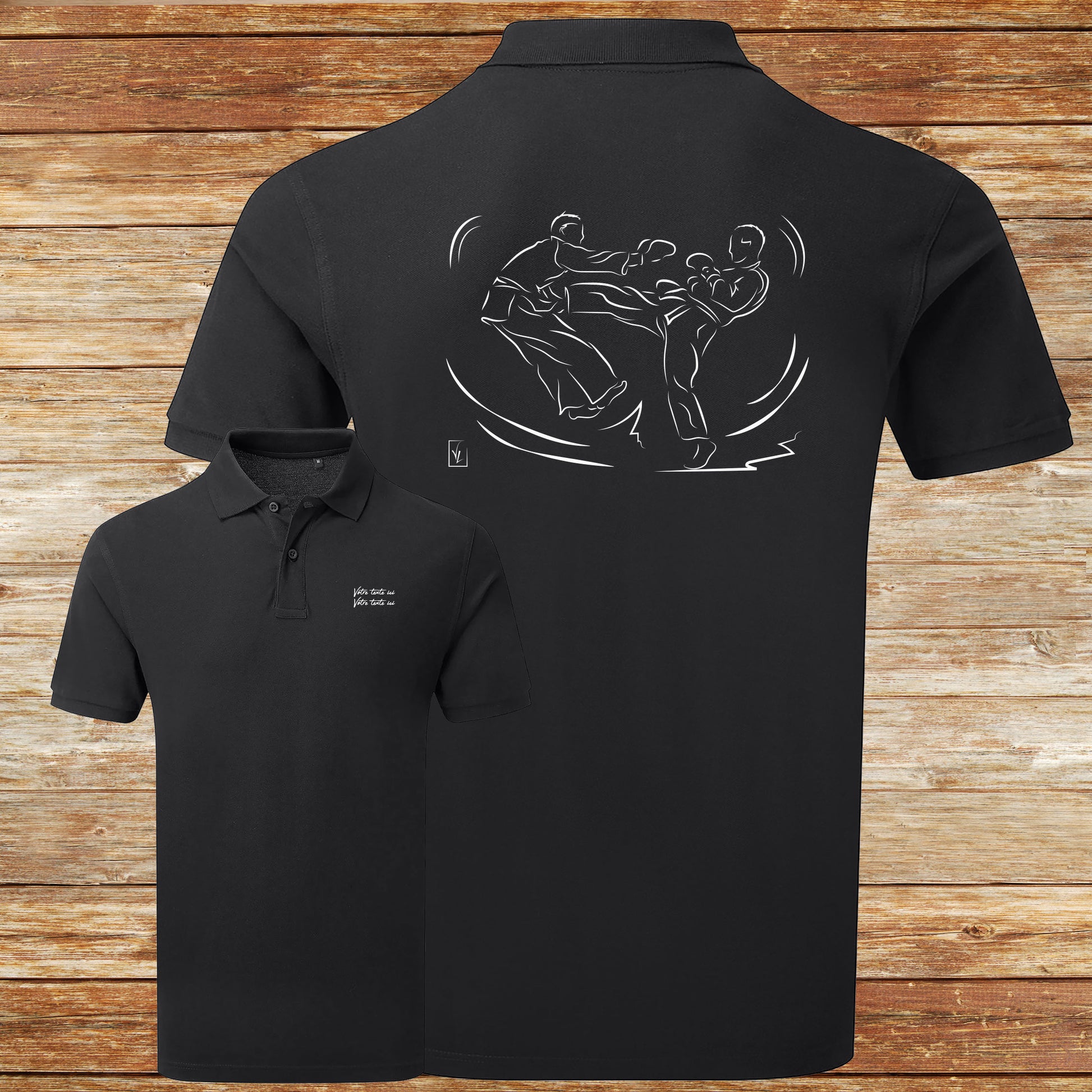 Graphisme Sport de combat jujitsu kick boxing Boxe sur polo à personnaliser avec un texte Création Virginie Linard ©.