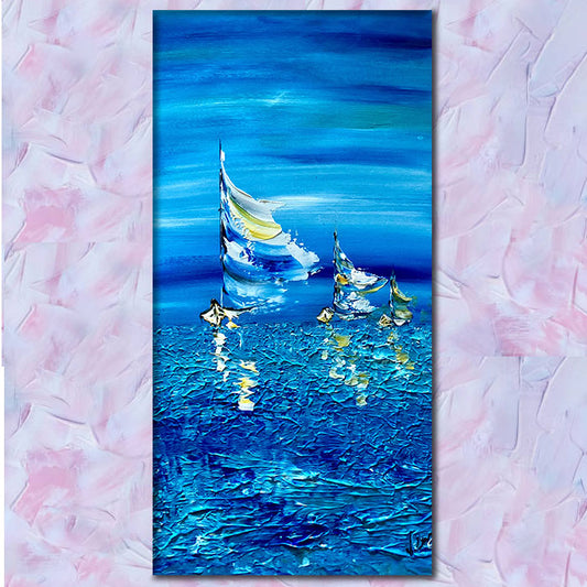 Tableau voiliers marine mer bateau 30x60 peint à la main virginie Linard ©