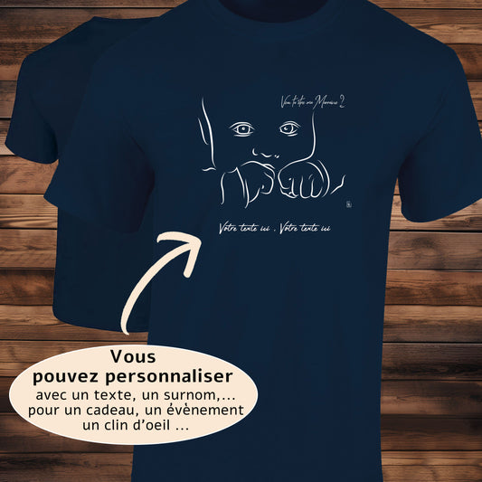 Graphisme naissance marraine baptême sur T-shirt à personnaliser avec un texte, création Virginielinard.com ©.
