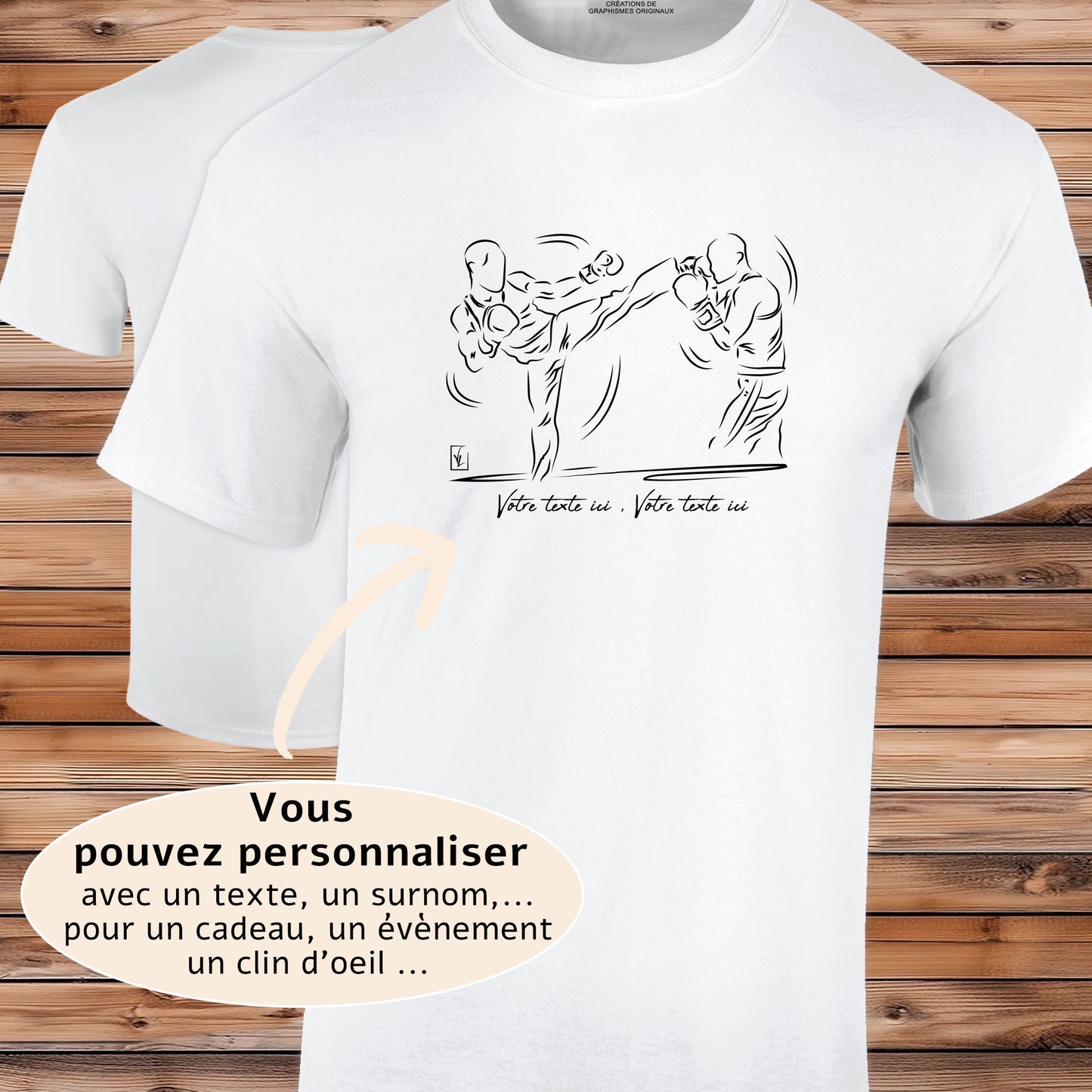 Graphisme sport de combat, MMA, Arts martiaux mixtes, sur t-shirt blanc à personnaliser avec un texte. Création Virginie Linard ©.