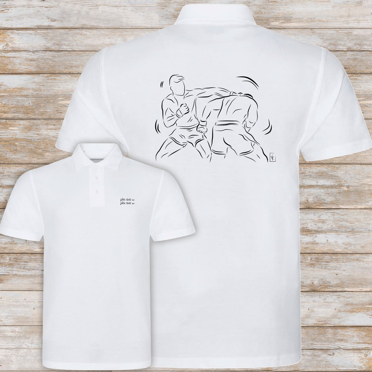 Graphisme MMA Sports Arts Martiaux Mixtes sur polo à personnaliser avec un texte Création Virginie Linard ©.