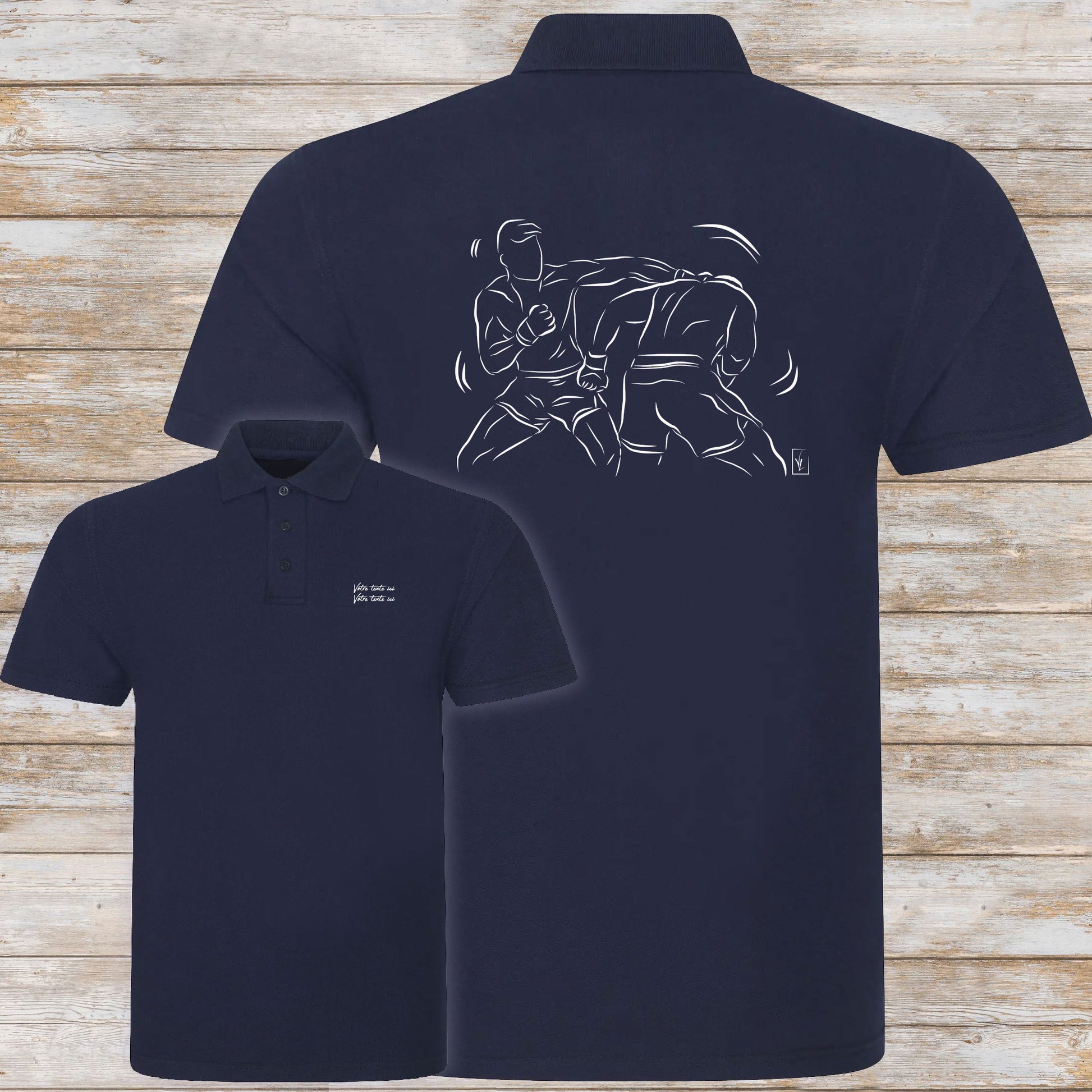 Graphisme MMA Sports Arts Martiaux Mixtes sur polo à personnaliser avec un texte Création Virginie Linard ©.