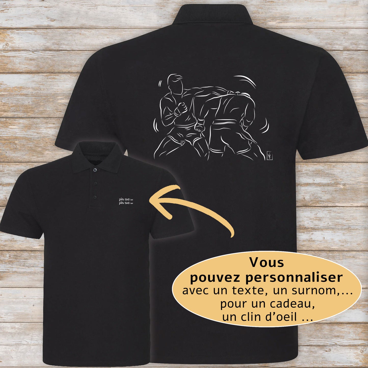 Graphisme MMA Sports Arts Martiaux Mixtes sur polo à personnaliser avec un texte Création Virginie Linard ©.