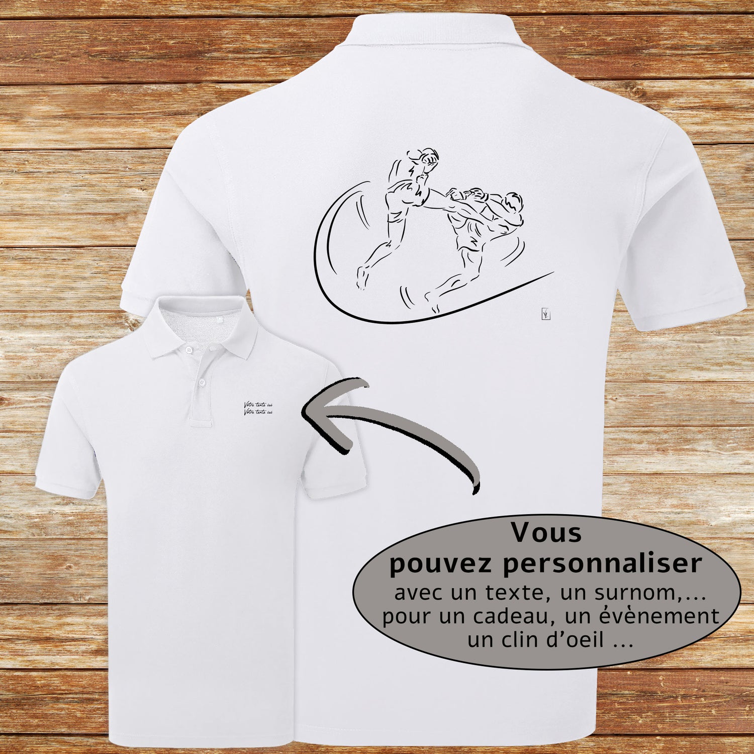 Graphisme MMA Sport de combat tridimensionnel sur polo blanc homme à personnaliser avec du texte. Création Virginie Linard ©.