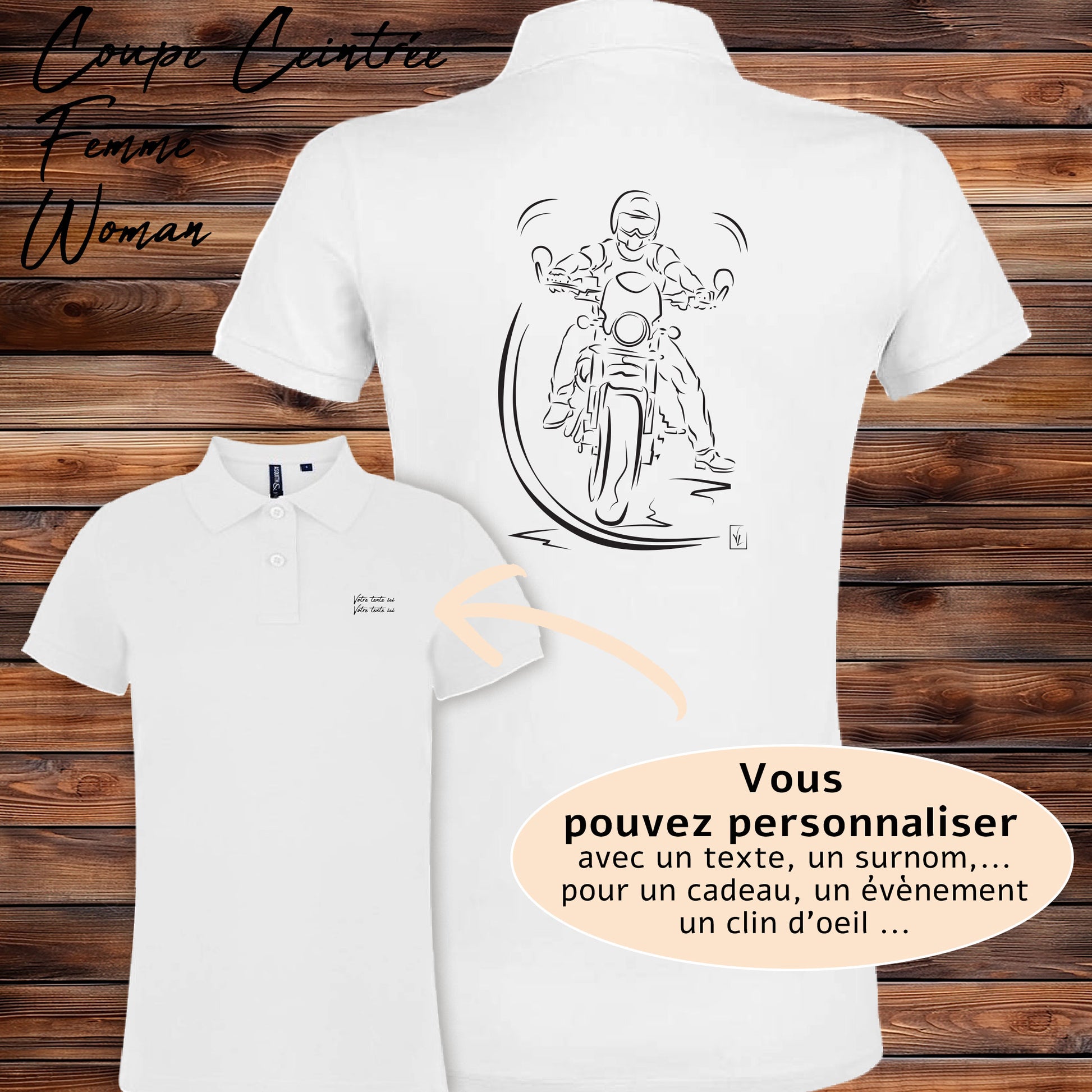 Polo La Pause du Motard blanc femme personnalisable - Graphisme exclusif scène motard - Coupe ajustée polycoton 200g/m²
