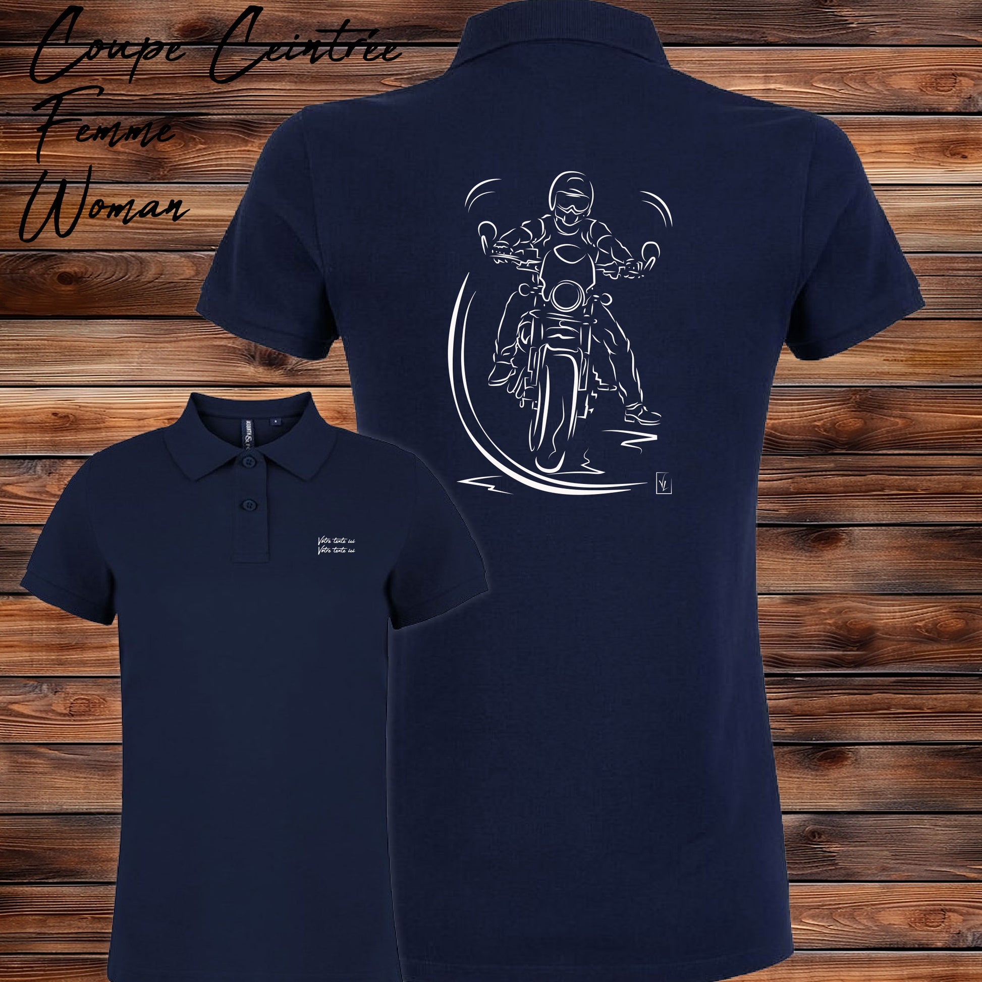Polo La Pause du Motard bleu femme personnalisable - Design scène motard liberté - Polycoton confort 200g/m²
