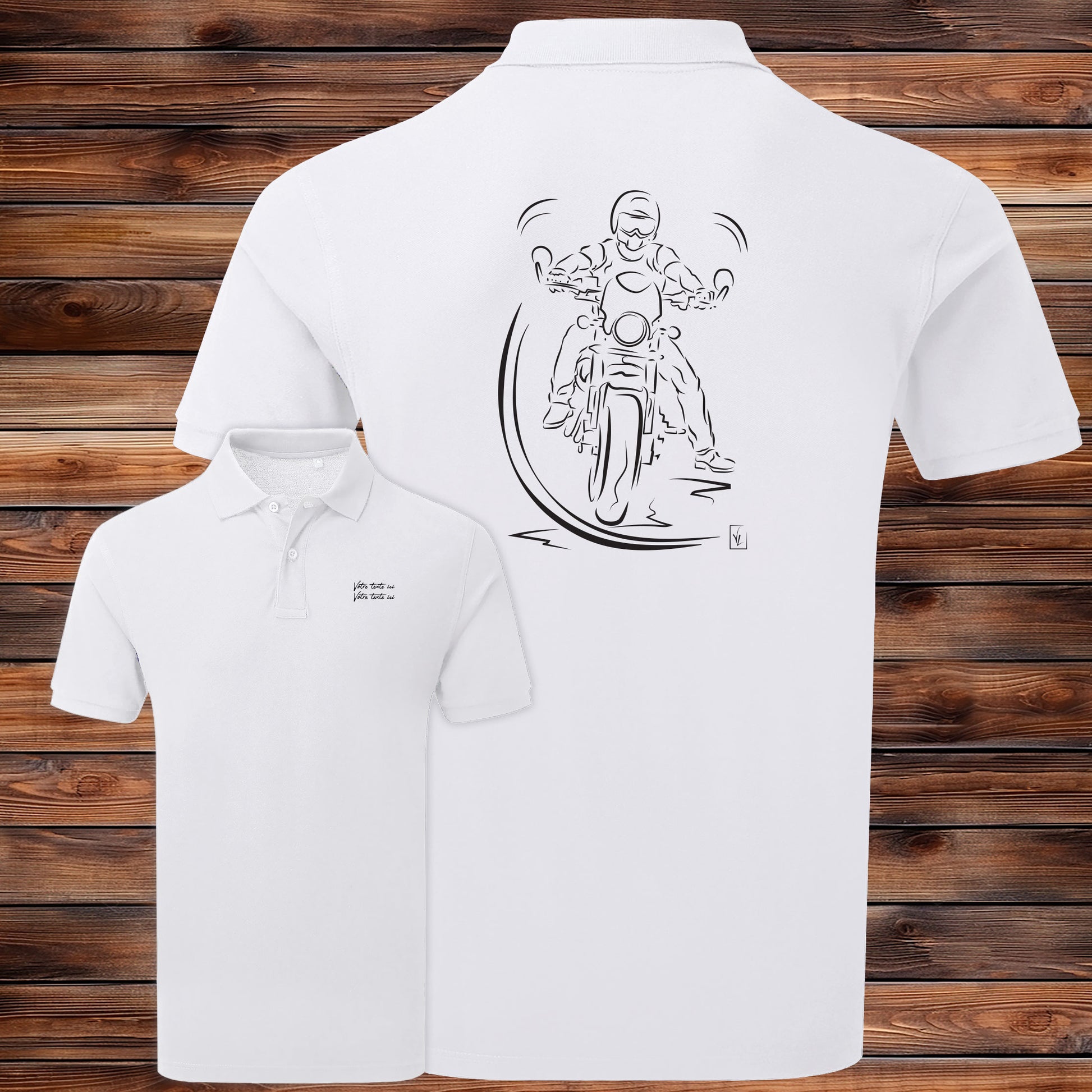 Polo La Pause du Motard blanc homme personnalisable - Graphisme scène motard vintage - Polycoton 200g/m²
