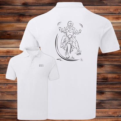 Polo La Pause du Motard blanc homme personnalisable - Graphisme scène motard vintage - Polycoton 200g/m²
