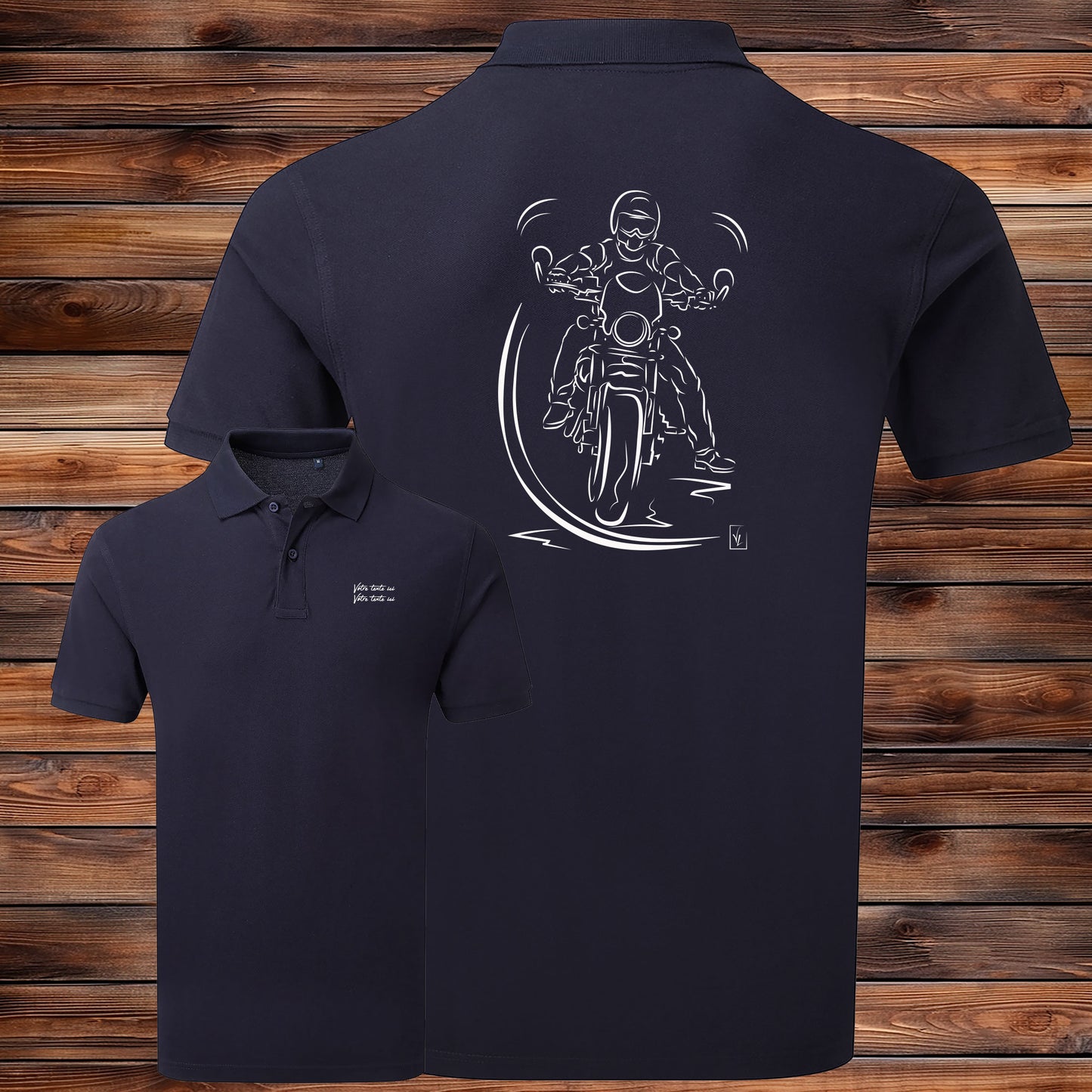 Polo La Pause du Motard bleu homme personnalisable - Design exclusif Virginie Linard - Polycoton confort
