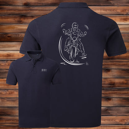 Polo La Pause du Motard bleu homme personnalisable - Design exclusif Virginie Linard - Polycoton confort
